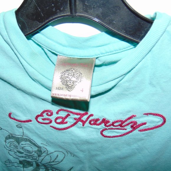 Ed Hardy Unisex Teal Blue Rhinestone Dragon Silver Bee Toddler T-Shirt sz 4 Year - Picture 5 of 5